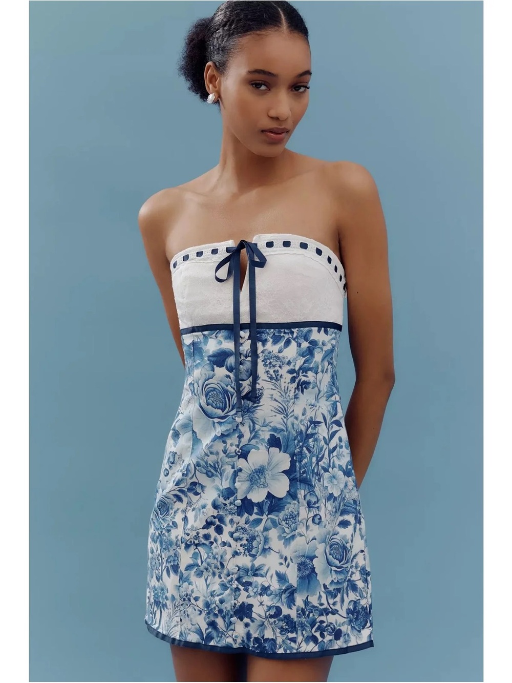 NWT Maeve White & Blue Floral Strapless Tie-Front Mini Dress (Size XL)